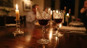 Ornate cut crystal design reflecting candlelight as traditional stemware for formal dinner parties on a mahogany table.