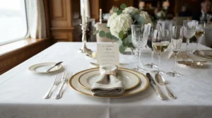 An illustrated diagram showing proper glassware placement using traditional stemware for formal dinner parties.