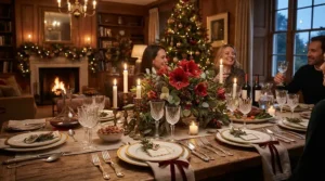 A festive holiday dining room table showcasing traditional stemware for formal dinner parties alongside seasonal centerpieces.