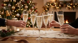 Flutes and goblets acting as traditional stemware for formal dinner parties during a New Year Eve countdown.
