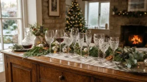 A hosting collection featuring traditional stemware for formal dinner parties ready for a winter celebration.