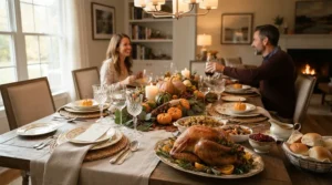 Traditional stemware for formal dinner parties arranged neatly beside heirloom china plates for a Thanksgiving gathering.