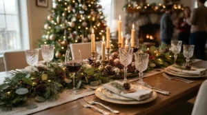 A traditional wine stemware set enhancing a festive holiday table setting with seasonal decor.