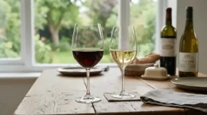 A traditional wine stemware set featuring distinct glasses for red and white wine varieties.