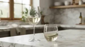 A traditional wine stemware set compared side by side with modern stemless wine glasses.