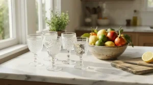 An affordable vintage inspired wine glass set arranged neatly on a kitchen counter next to fresh fruit