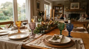 A colorful vintage inspired wine glass set on a rustic wooden dining table during a dinner party