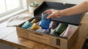 A carefully packaged vintage inspired wine glass set displayed in an open gift box with ribbon