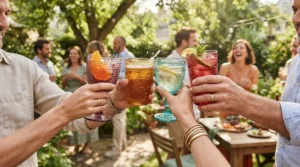 Guests toasting with a vintage inspired wine glass set during an outdoor backyard patio gathering
