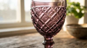 Detailed close-up of a vintage glass reproduction piece from a vintage inspired wine glass set