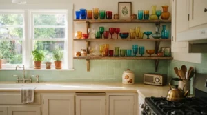 A vintage inspired wine glass set displayed on open shelving in a retro kitchen with checkered tiles
