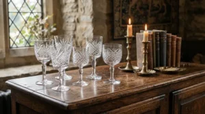 A collection of vintage style wine glasses for bridal shower gift displayed on a rustic wooden antique buffet cabinet.