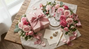 A flat lay photograph of a vintage style wine glasses for bridal shower gift alongside ribbons, a greeting card, and roses.