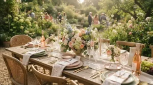 A table decorated with vintage style wine glasses for bridal shower gift giving, featuring floral centerpieces and pastel napkins.
