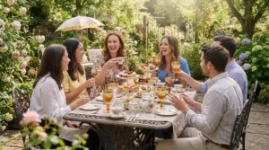 Guests at a garden tea party holding vintage style wine glasses for bridal shower gift celebration with tiered dessert stands.