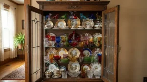 A glass-front hutch showcasing vintage style wine glasses for grandmillennial decor and heirloom porcelain china