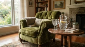 A cozy reading corner with a velvet armchair and vintage style wine glasses for grandmillennial decor on a side table