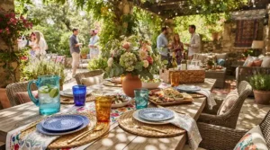 An outdoor brunch table accented with vintage style wine glasses for grandmillennial decor and wicker patio furniture