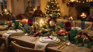 A festive holiday dining room featuring vintage style wine glasses for grandmillennial decor with seasonal greenery