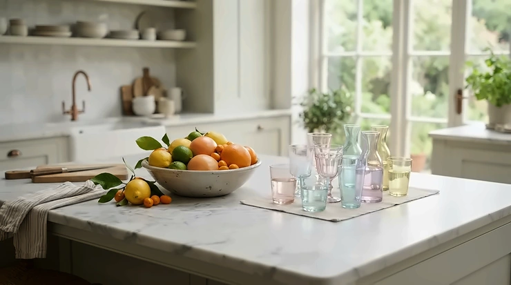 A sunlit kitchen island prepared for a gathering with vintage style wine glasses for grandmillennial decor and fruit bowl