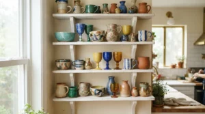 Open kitchen shelving neatly organized with vintage style wine glasses for grandmillennial decor and ceramic pitchers