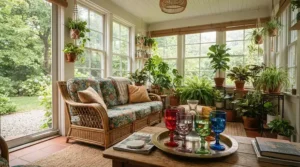 A bright sunroom styled with wicker chairs and vintage style wine glasses for grandmillennial decor on a rattan tray